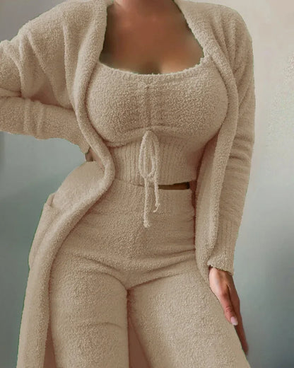 2022 Autumn/Winter Women's Velvet Pajama Set: Crop Top, Long Pants, and Coat - 3-Piece Warm Fleece Homewear in Sizes S-3XL